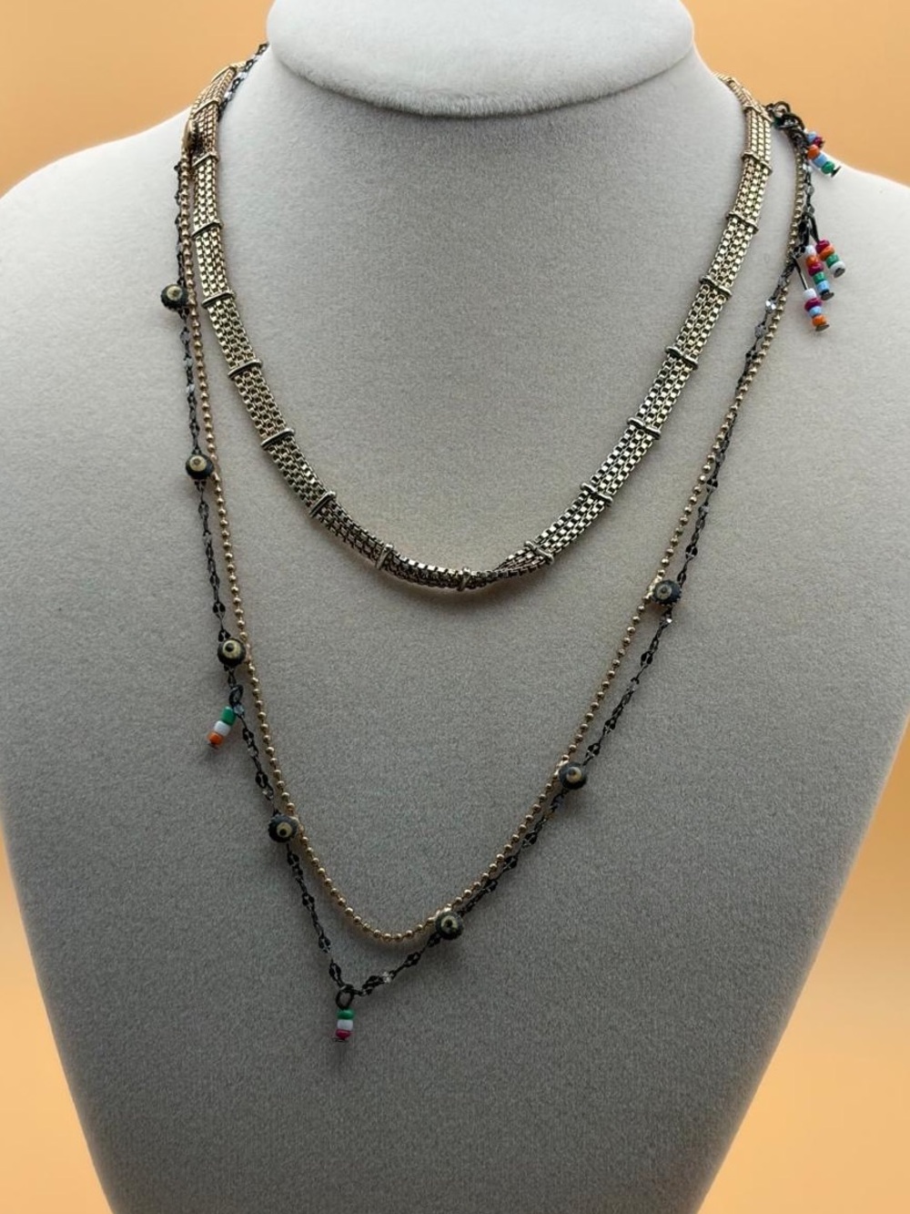 Zara Gold-Tone Layered Necklace with Black Chain and Multicolor Beads